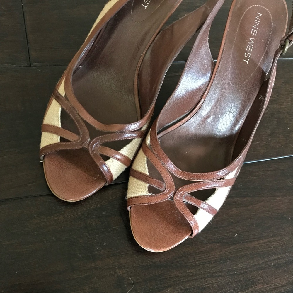 Nine West brown and tan sling back peep toe heels
